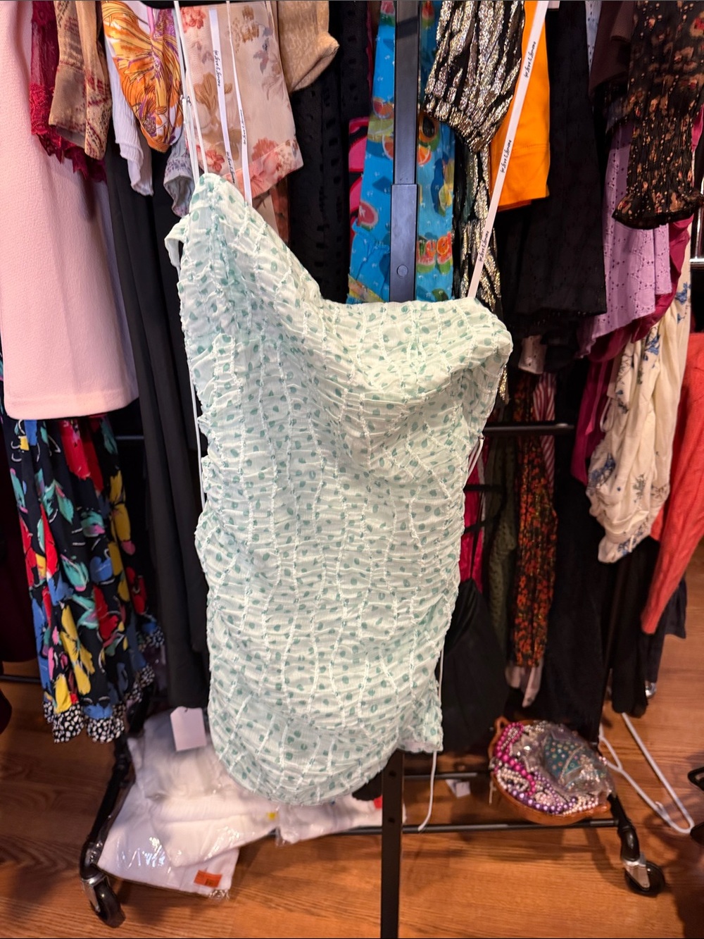 "Drea" Polka Dot Ruched Mini Dress in Mint Green